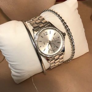Stainless Steel Ladies Watch w/ Bangle Bracelets